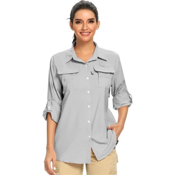 Women's UPF 50+ UV Sun Protection Safari Shirt, Long Sleeve Outdoor Cool Quick - Picture 1 of 7